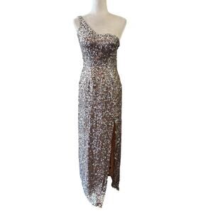 Vintage Scala One-Shoulder Sequin Silk Evening Gown Silver 90s Formal Prom Sz 4